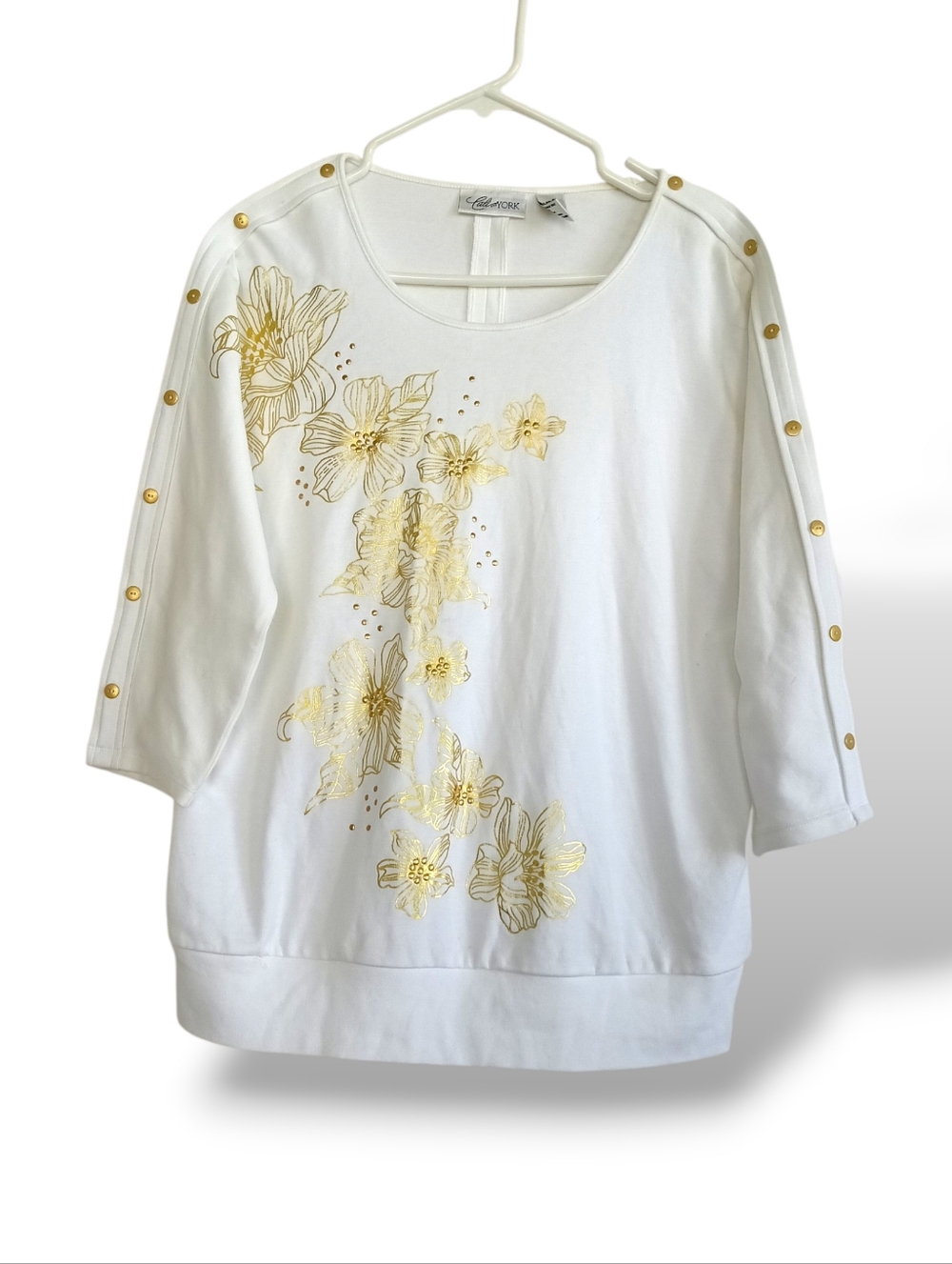 Cali & York Gold-Accented White Floral Sweatshirt Lightweight Metallic Casual M